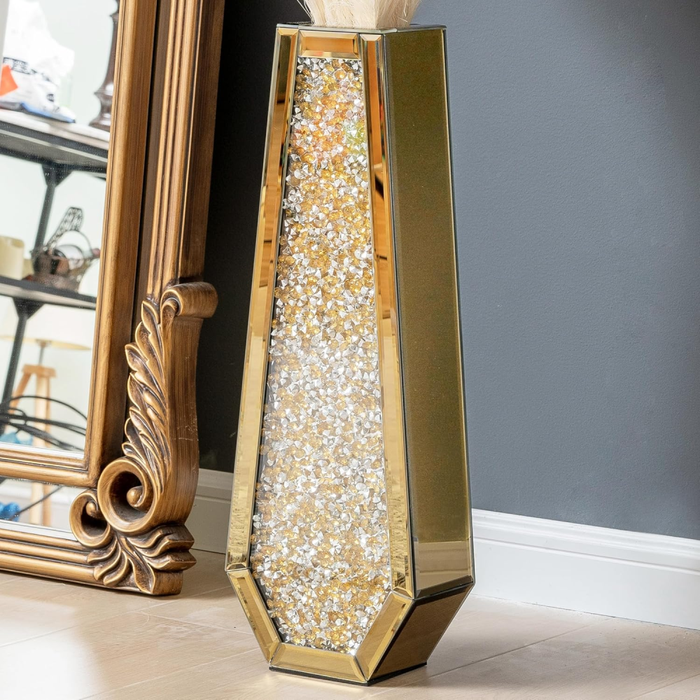 SHYFOY Gold Crushed Diamond Mirror Vase Large Crystal Flower Vases for Centerpieces Luxurious Rhinestone Glass Vase Home Decor for Living Room Dining Room Coffee Table, Can’t Hold Water