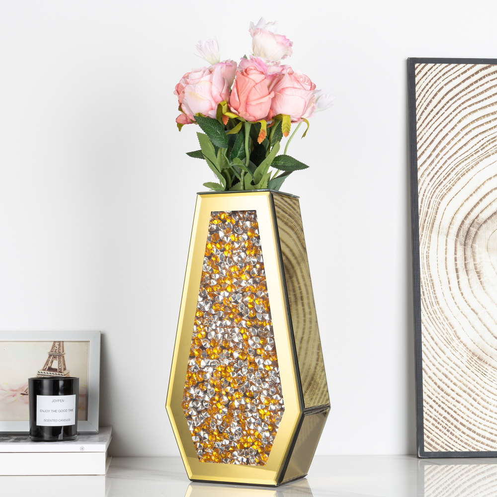 SHYFOY Gold Crushed Diamond Mirror Vase Large Crystal Flower Vases for Centerpieces Luxurious Rhinestone Glass Vase Home Decor for Living Room Dining Room Coffee Table, Can’t Hold Water