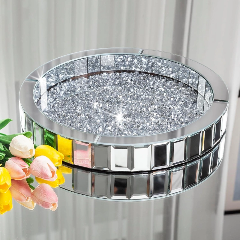 SHYFOY Luxury Round Glass Mirror Tray fills with Crushed Diamond| Bling Perfume Organizer for Dining room Table / SF-MP007
