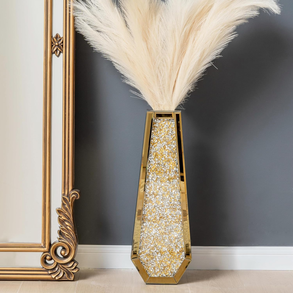 SHYFOY Gold Crushed Diamond Mirror Vase Large Crystal Flower Vases for Centerpieces Luxurious Rhinestone Glass Vase Home Decor for Living Room Dining Room Coffee Table, Can’t Hold Water