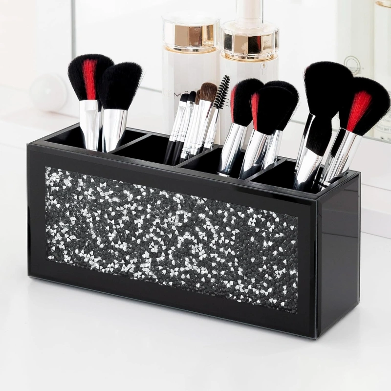 SHYFOY Black Makeup Brush Holder Organizer, 3 Slots Glass Cosmetic Brushes Storage Holder with Crushed Diamond, Pencil Pen Holder for Desk, Desk Organizer and Accessories for Vanity