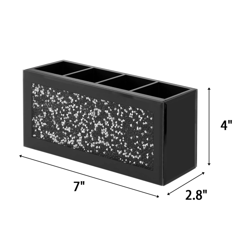 SHYFOY Black Makeup Brush Holder Organizer, 3 Slots Glass Cosmetic Brushes Storage Holder with Crushed Diamond, Pencil Pen Holder for Desk, Desk Organizer and Accessories for Vanity