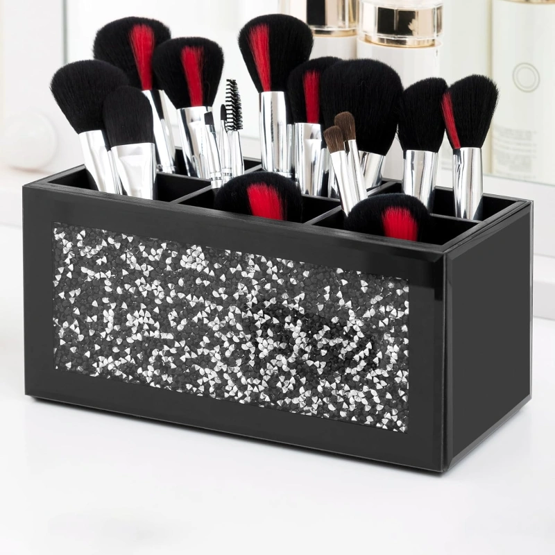 SHYFOY Black Makeup Brush Holder Organizer, 3 Slots Glass Cosmetic Brushes Storage Holder with Crushed Diamond, Pencil Pen Holder for Desk, Desk Organizer and Accessories for Vanity