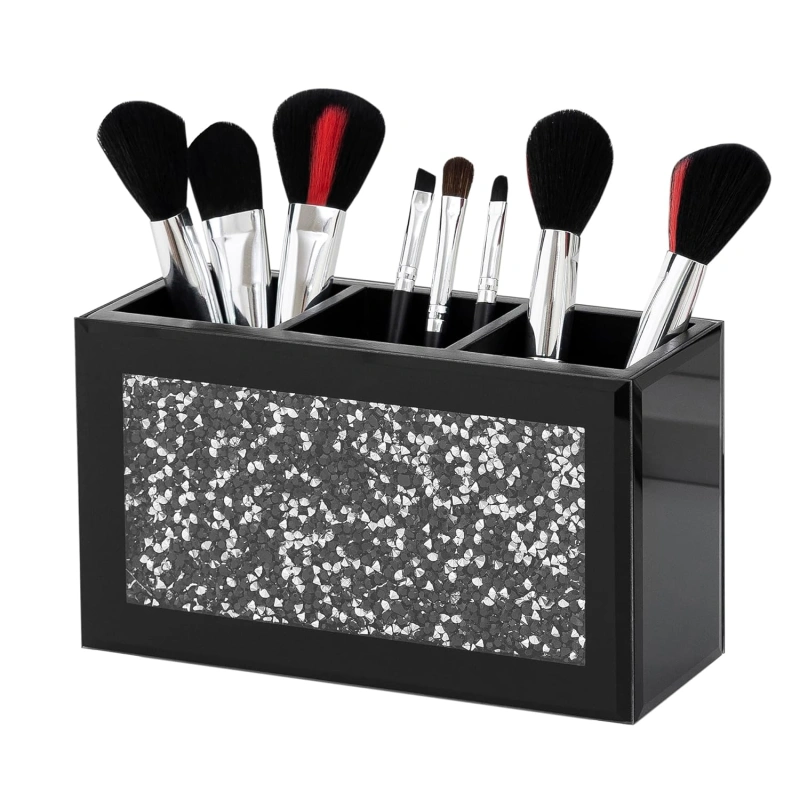 SHYFOY Black Makeup Brush Holder Organizer, 3 Slots Glass Cosmetic Brushes Storage Holder with Crushed Diamond, Pencil Pen Holder for Desk, Desk Organizer and Accessories for Vanity