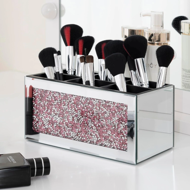 SHYFOY Mirrored Makeup Brush Holder Organizer, 3 Slots Glass Cosmetic Brushes Storage Holder with Pink Crushed Diamond, Accessories for Vanity