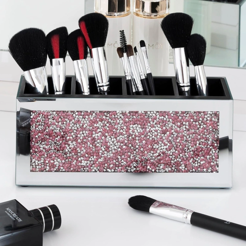 SHYFOY Mirrored Makeup Brush Holder Organizer, 3 Slots Glass Cosmetic Brushes Storage Holder with Pink Crushed Diamond, Accessories for Vanity