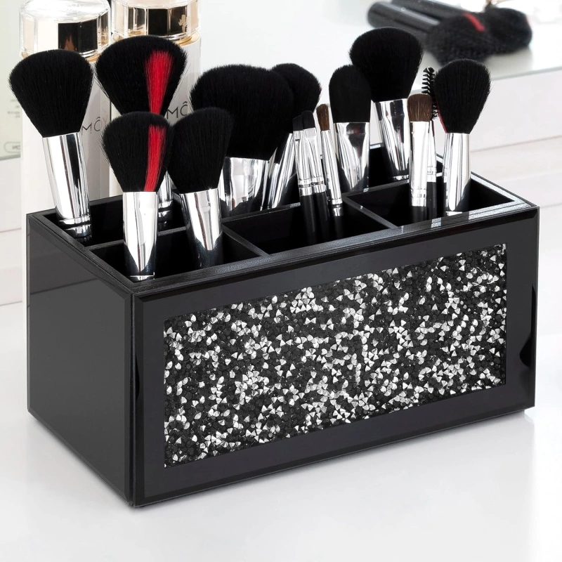 SHYFOY Black Makeup Brush Holder Organizer, 3 Slots Glass Cosmetic Brushes Storage Holder with Crushed Diamond, Pencil Pen Holder for Desk, Desk Organizer and Accessories for Vanity