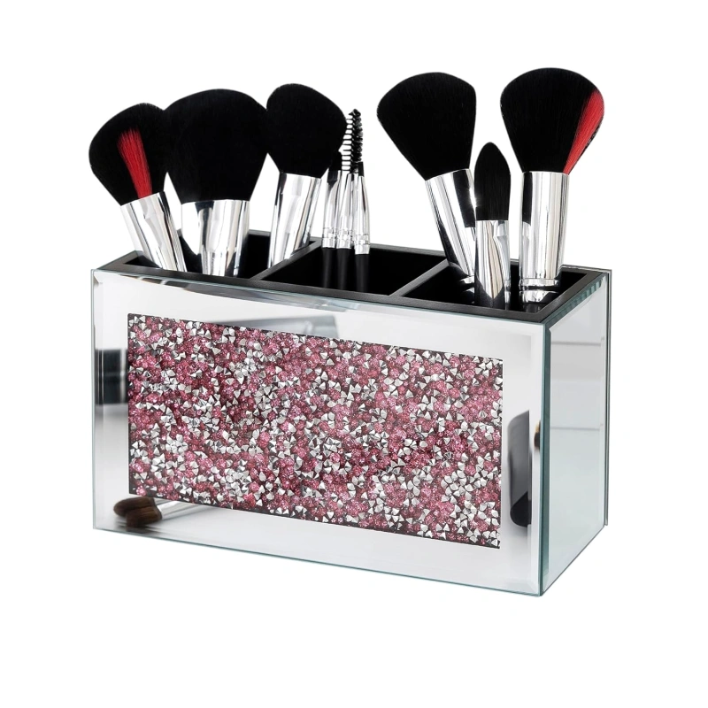 SHYFOY Mirrored Makeup Brush Holder Organizer, 3 Slots Glass Cosmetic Brushes Storage Holder with Pink Crushed Diamond, Accessories for Vanity