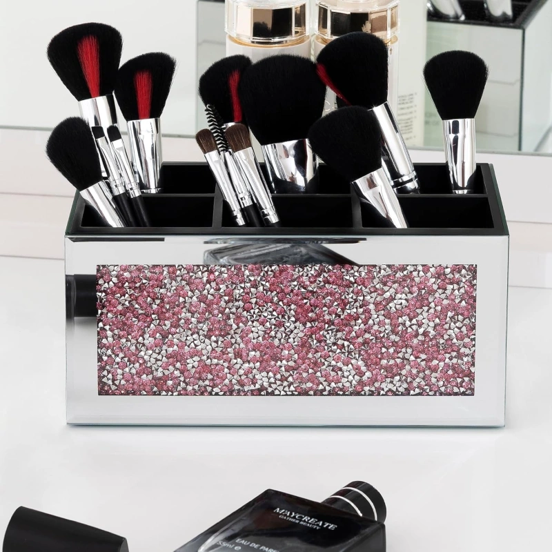 SHYFOY Mirrored Makeup Brush Holder Organizer, 3 Slots Glass Cosmetic Brushes Storage Holder with Pink Crushed Diamond, Accessories for Vanity