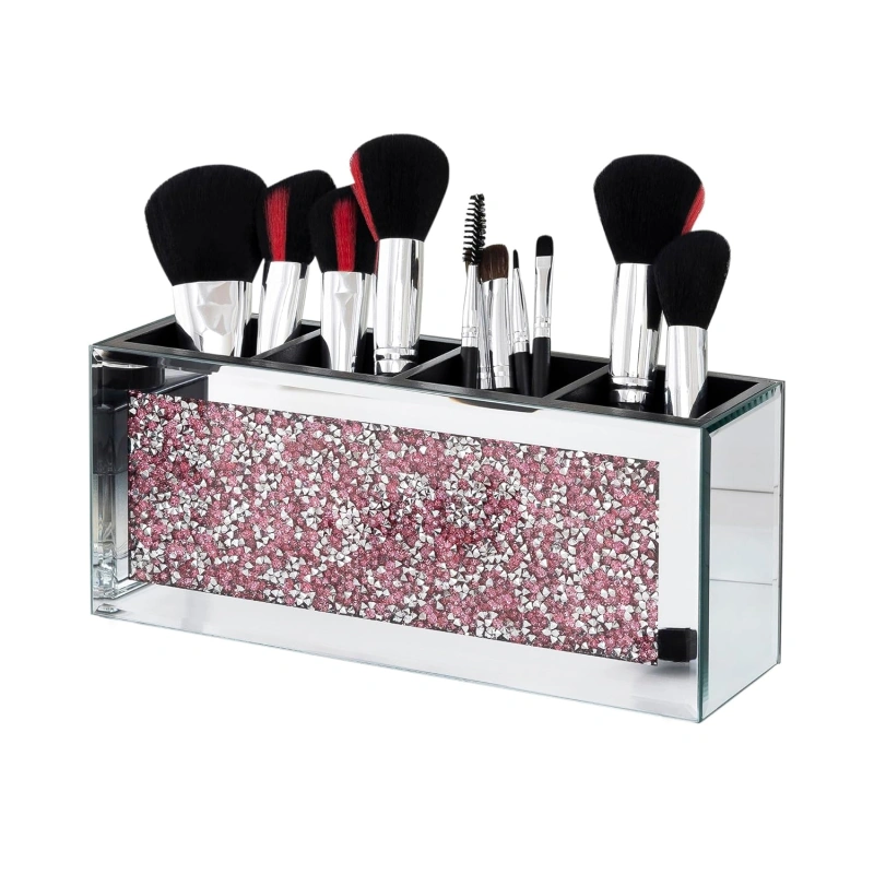 SHYFOY Mirrored Makeup Brush Holder Organizer, 3 Slots Glass Cosmetic Brushes Storage Holder with Pink Crushed Diamond, Accessories for Vanity