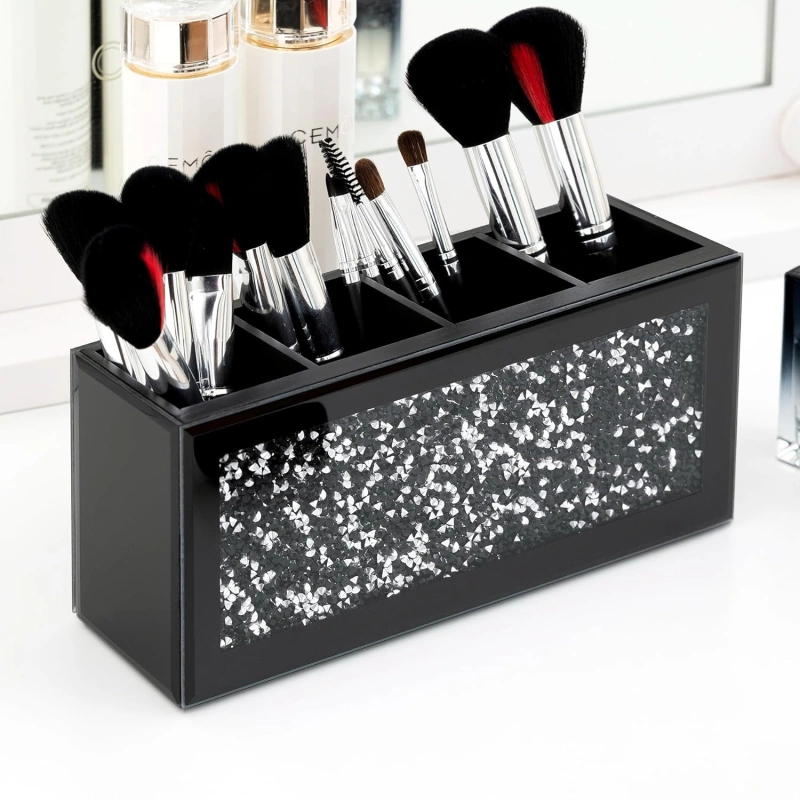 SHYFOY Black Makeup Brush Holder Organizer, 3 Slots Glass Cosmetic Brushes Storage Holder with Crushed Diamond, Pencil Pen Holder for Desk, Desk Organizer and Accessories for Vanity