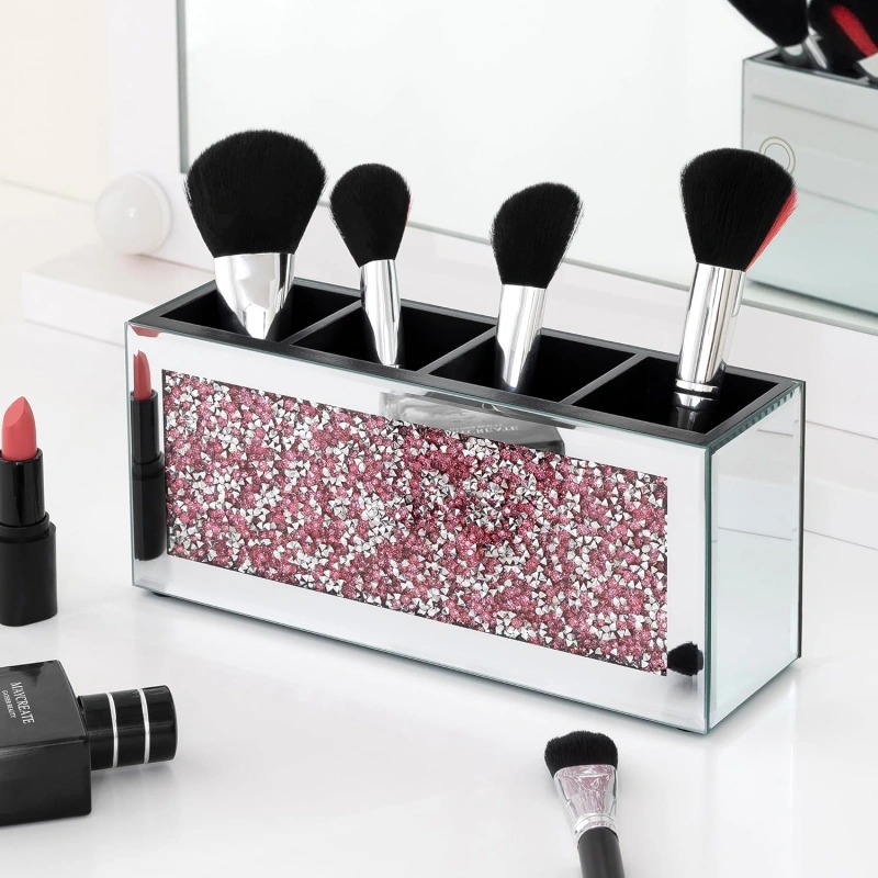 SHYFOY Mirrored Makeup Brush Holder Organizer, 3 Slots Glass Cosmetic Brushes Storage Holder with Pink Crushed Diamond, Accessories for Vanity