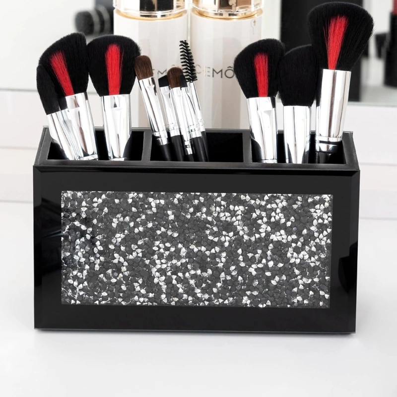 SHYFOY Black Makeup Brush Holder Organizer, 3 Slots Glass Cosmetic Brushes Storage Holder with Crushed Diamond, Pencil Pen Holder for Desk, Desk Organizer and Accessories for Vanity