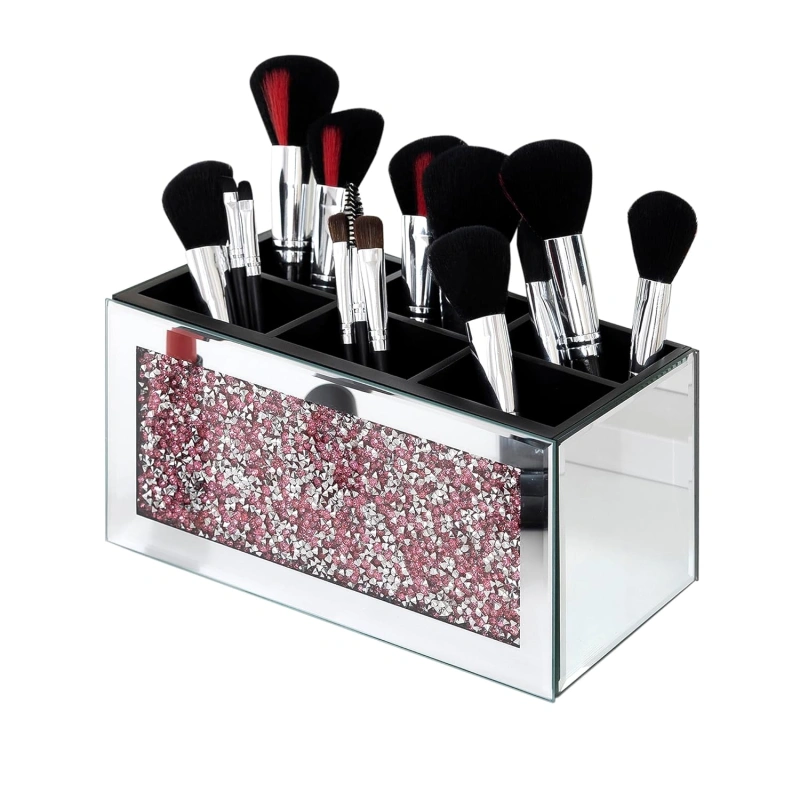 SHYFOY Mirrored Makeup Brush Holder Organizer, 3 Slots Glass Cosmetic Brushes Storage Holder with Pink Crushed Diamond, Accessories for Vanity