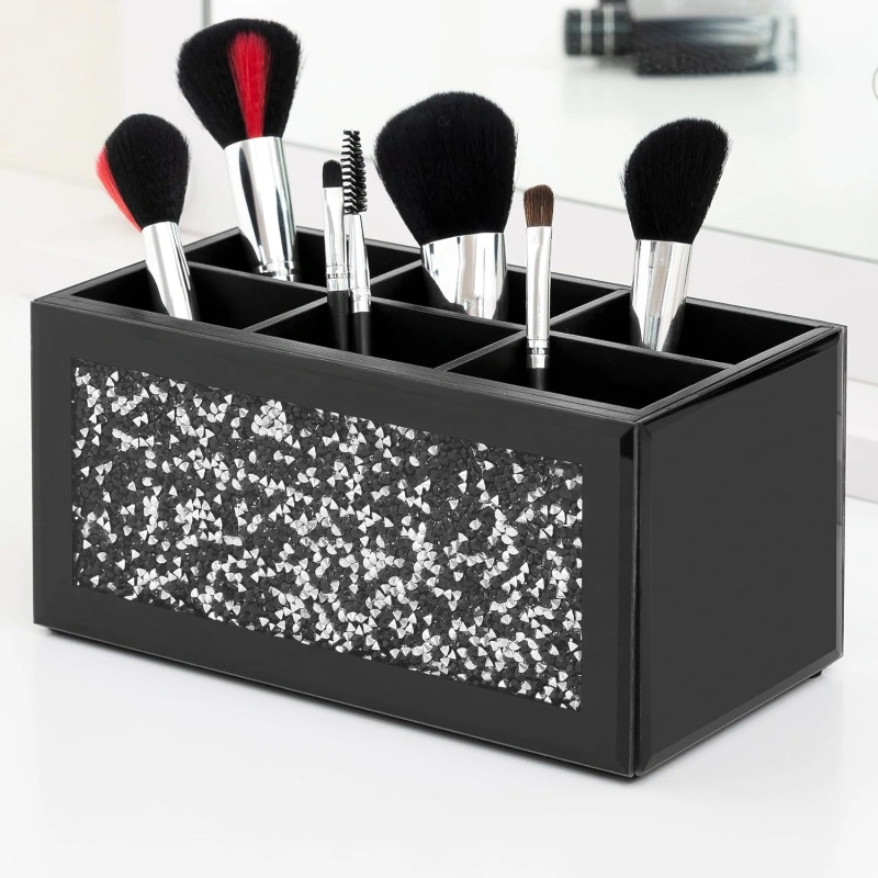 SHYFOY Black Makeup Brush Holder Organizer, 3 Slots Glass Cosmetic Brushes Storage Holder with Crushed Diamond, Pencil Pen Holder for Desk, Desk Organizer and Accessories for Vanity