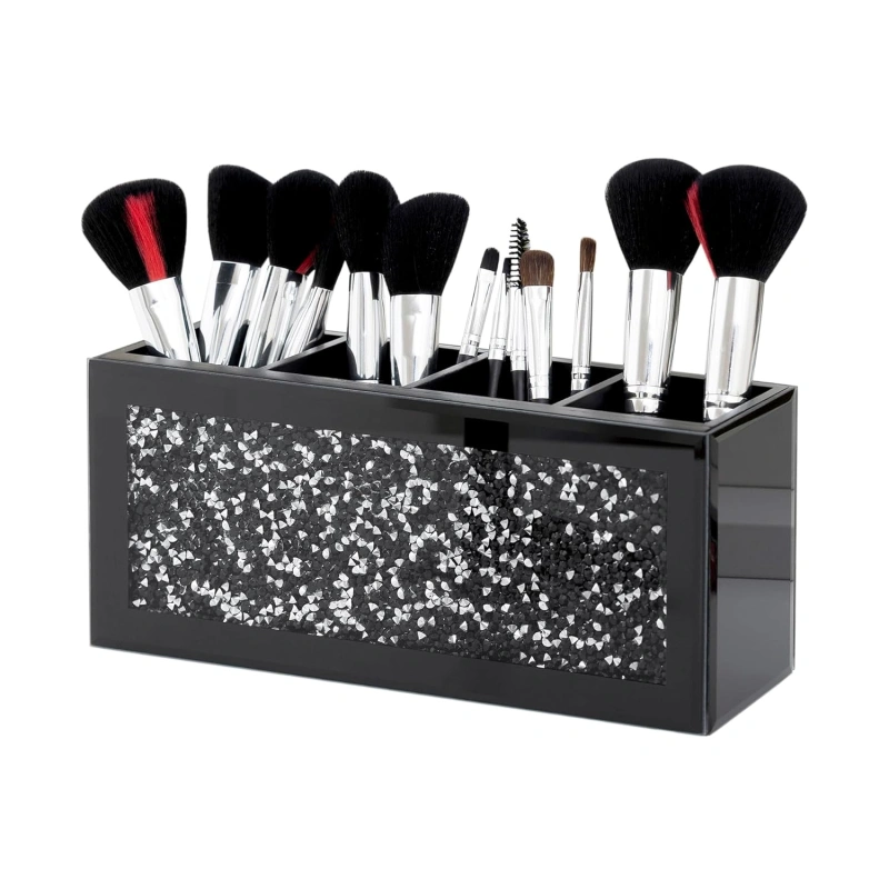 SHYFOY Black Makeup Brush Holder Organizer, 3 Slots Glass Cosmetic Brushes Storage Holder with Crushed Diamond, Pencil Pen Holder for Desk, Desk Organizer and Accessories for Vanity