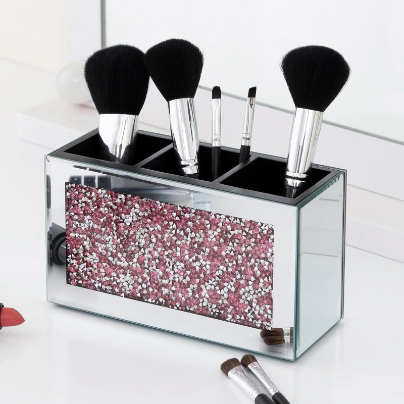 SHYFOY Mirrored Makeup Brush Holder Organizer, 3 Slots Glass Cosmetic Brushes Storage Holder with Pink Crushed Diamond, Accessories for Vanity