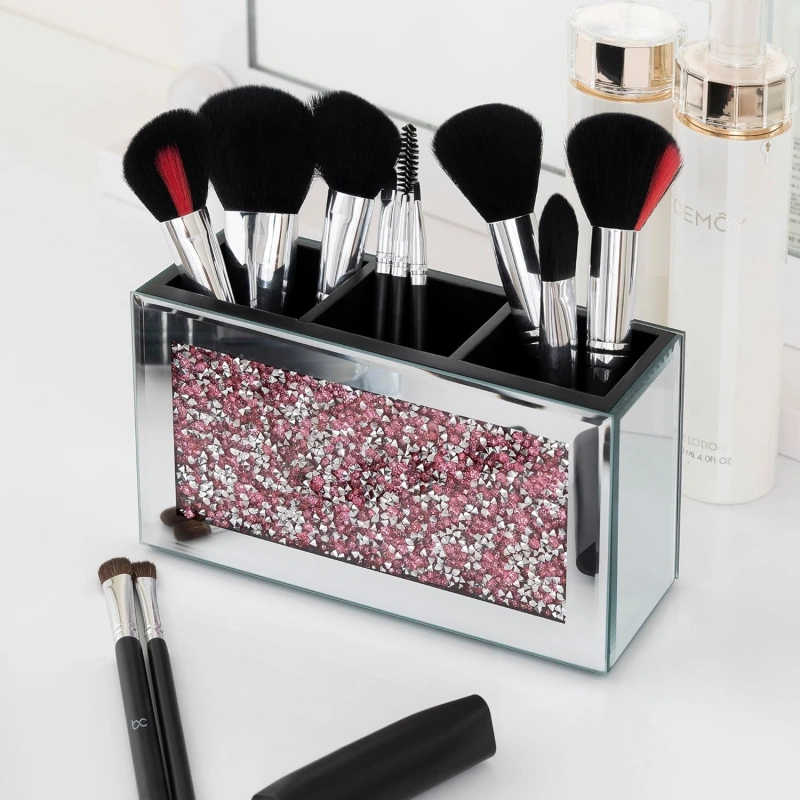 SHYFOY Mirrored Makeup Brush Holder Organizer, 3 Slots Glass Cosmetic Brushes Storage Holder with Pink Crushed Diamond, Accessories for Vanity