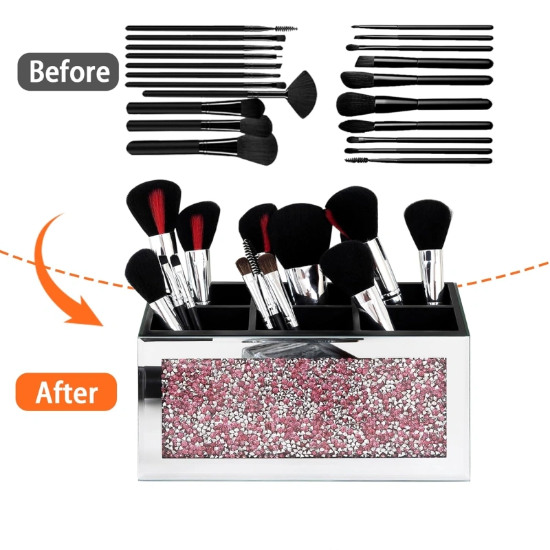 SHYFOY Mirrored Makeup Brush Holder Organizer, 3 Slots Glass Cosmetic Brushes Storage Holder with Pink Crushed Diamond, Accessories for Vanity