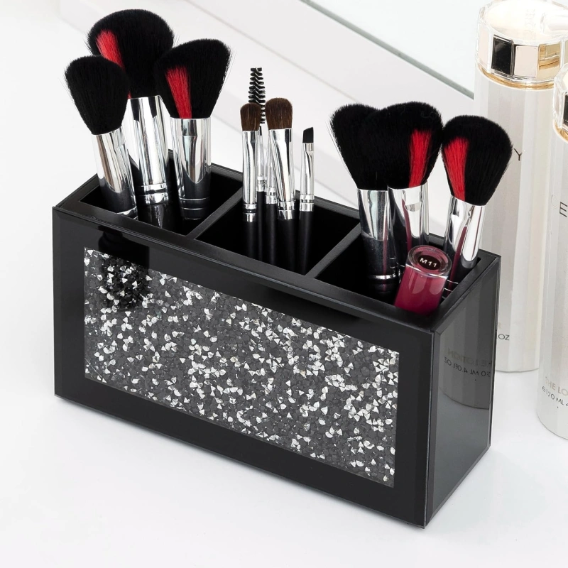 SHYFOY Black Makeup Brush Holder Organizer, 3 Slots Glass Cosmetic Brushes Storage Holder with Crushed Diamond, Pencil Pen Holder for Desk, Desk Organizer and Accessories for Vanity