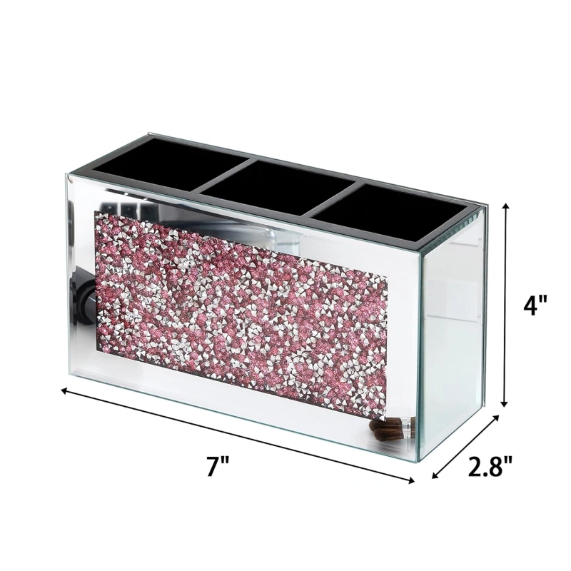 SHYFOY Mirrored Makeup Brush Holder Organizer, 3 Slots Glass Cosmetic Brushes Storage Holder with Pink Crushed Diamond, Accessories for Vanity