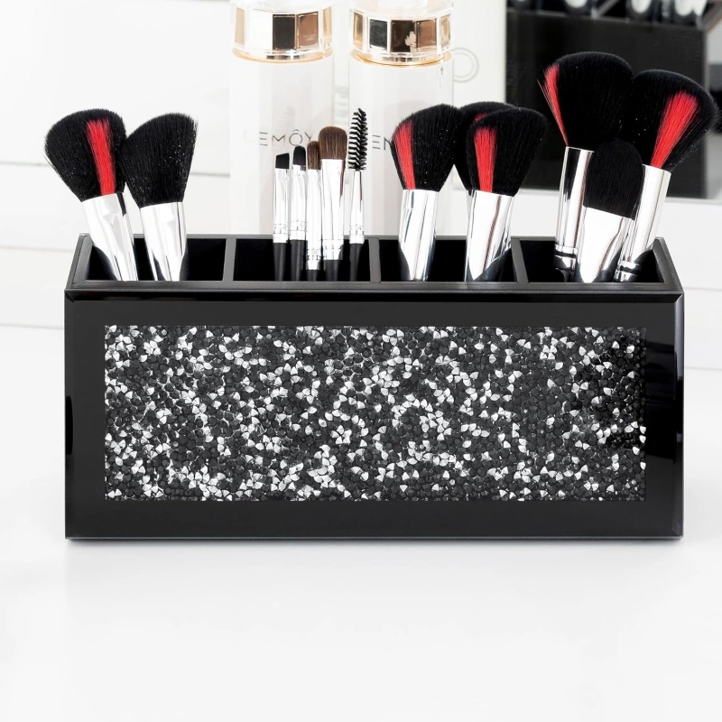 SHYFOY Black Makeup Brush Holder Organizer, 3 Slots Glass Cosmetic Brushes Storage Holder with Crushed Diamond, Pencil Pen Holder for Desk, Desk Organizer and Accessories for Vanity