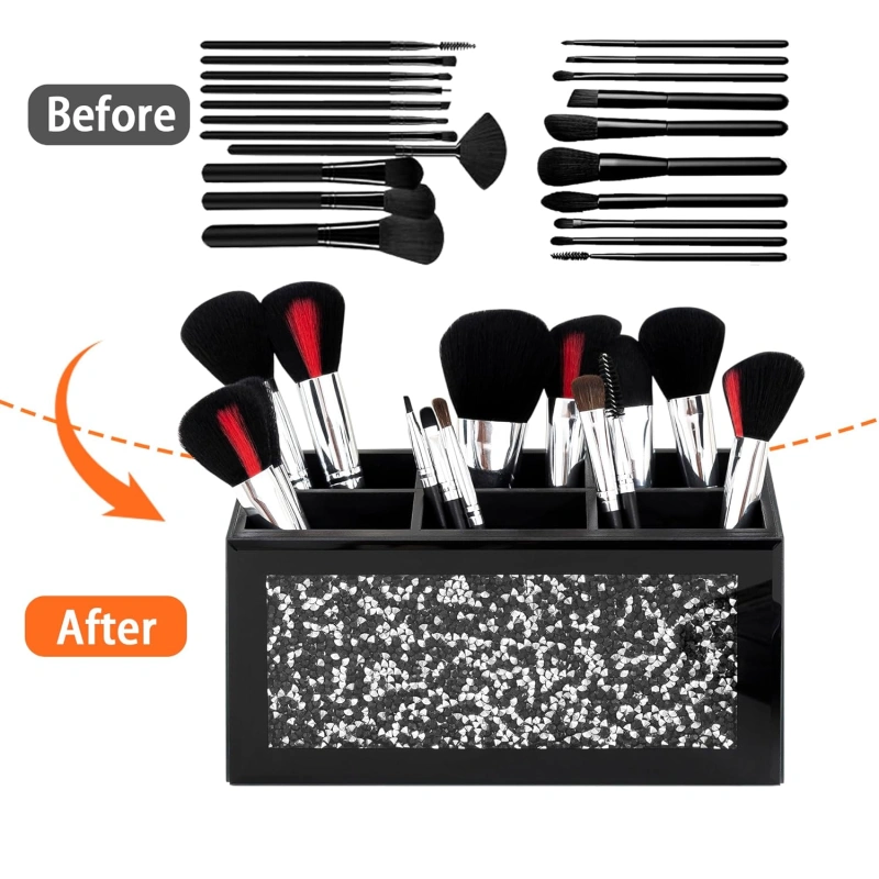 SHYFOY Black Makeup Brush Holder Organizer, 3 Slots Glass Cosmetic Brushes Storage Holder with Crushed Diamond, Pencil Pen Holder for Desk, Desk Organizer and Accessories for Vanity