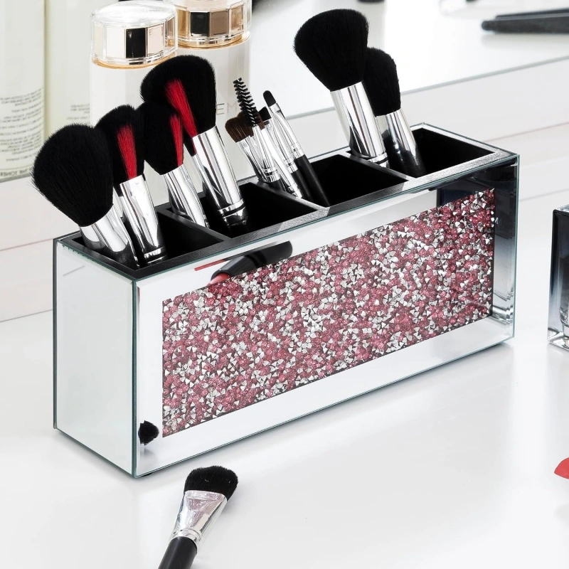 SHYFOY Mirrored Makeup Brush Holder Organizer, 3 Slots Glass Cosmetic Brushes Storage Holder with Pink Crushed Diamond, Accessories for Vanity