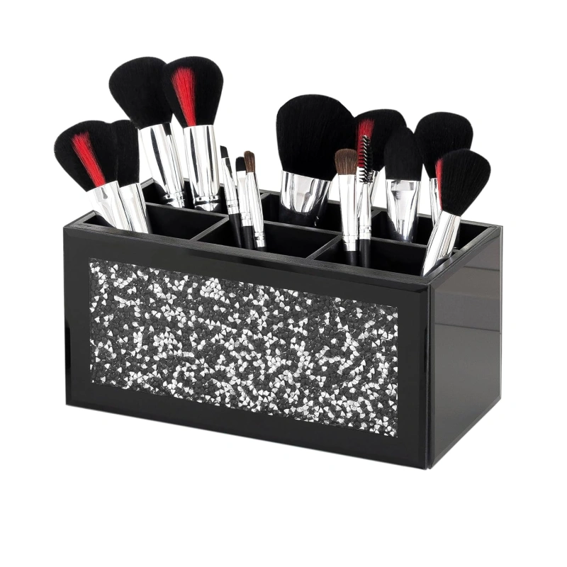 SHYFOY Black Makeup Brush Holder Organizer, 3 Slots Glass Cosmetic Brushes Storage Holder with Crushed Diamond, Pencil Pen Holder for Desk, Desk Organizer and Accessories for Vanity