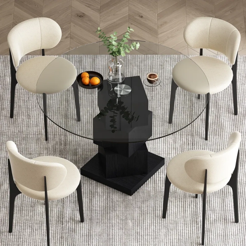 Modern Round Glass Dining Table with Sculptural Wood Base