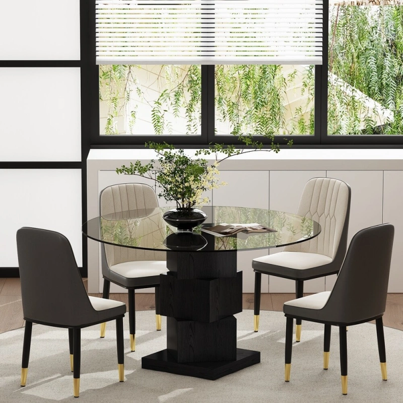 Modern Round Glass Dining Table with Sculptural Wood Base