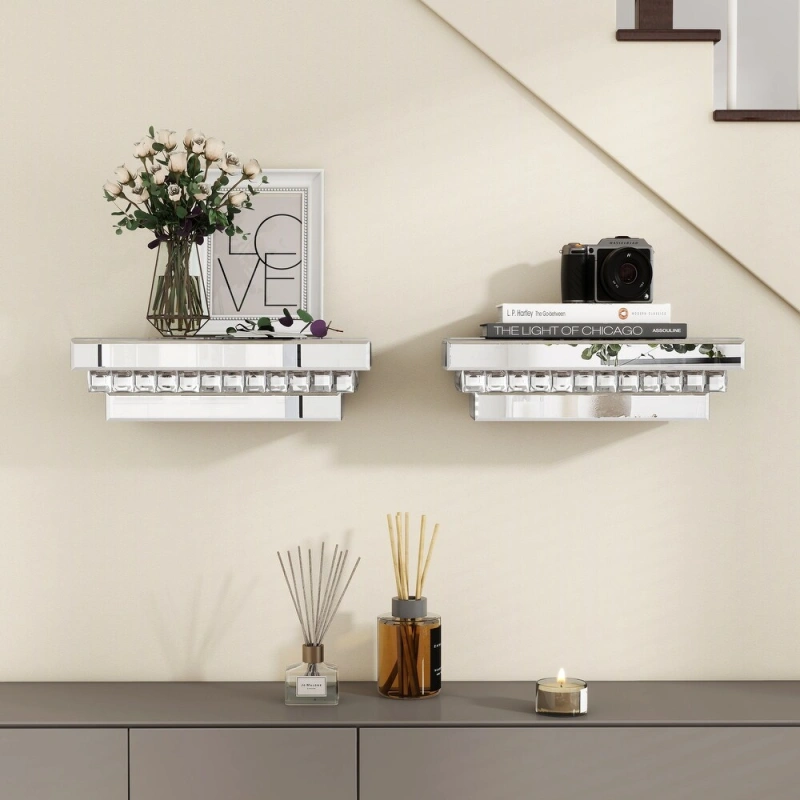 Mirrored Wall Shelf with Crystal Inlay - Modern MDF Mounted Storage
