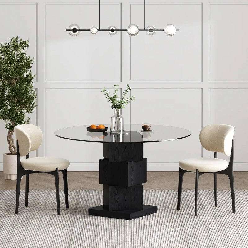 Modern Round Glass Dining Table with Sculptural Wood Base