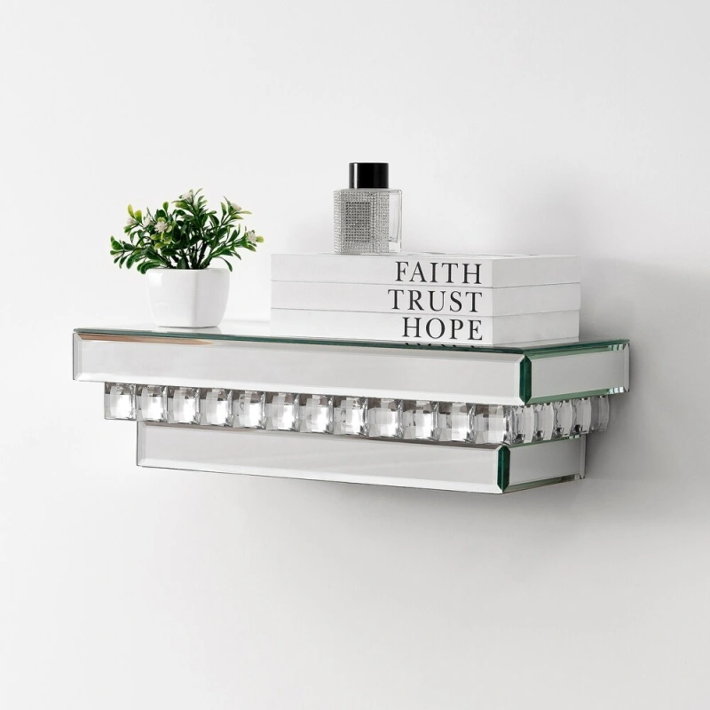 Mirrored Wall Shelf with Crystal Inlay - Modern MDF Mounted Storage
