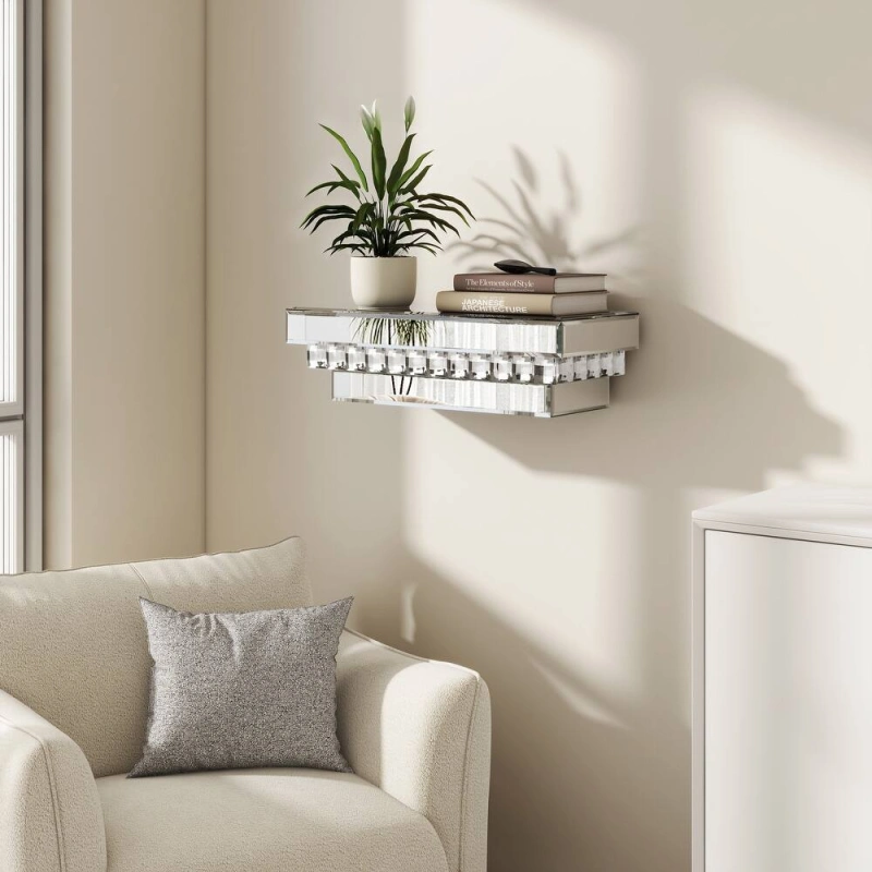 Mirrored Wall Shelf with Crystal Inlay - Modern MDF Mounted Storage