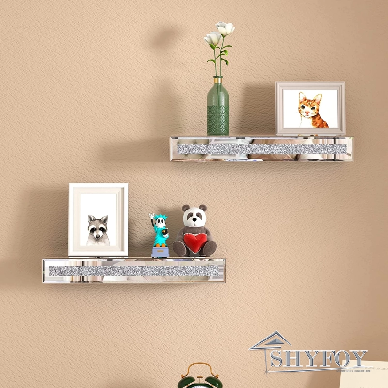 SHYFOY Mirrored Floating Shelves Wall Mounted Set of 2, Glitter Glass Mirror Storage Wall Shelves for Bedroom, Living Room, Bathroom, Kitchen, Office 