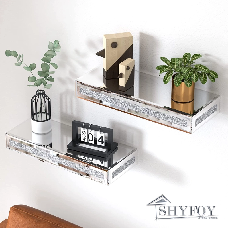 SHYFOY Mirrored Floating Shelves Wall Mounted Set of 2, Glitter Glass Mirror Storage Wall Shelves for Bedroom, Living Room, Bathroom, Kitchen, Office 