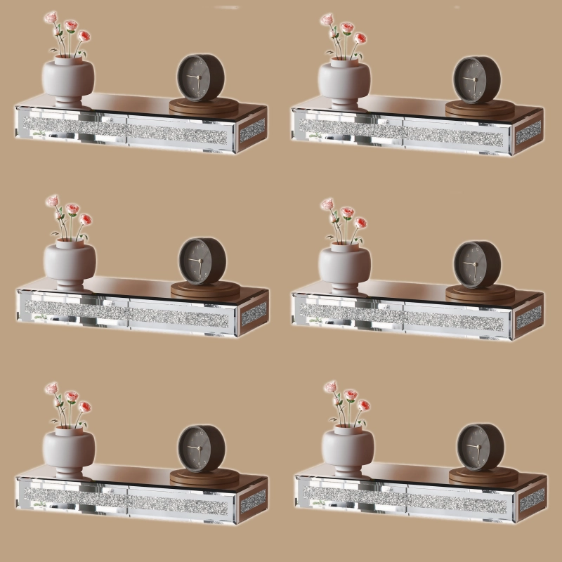 SHYFOY Mirrored Floating Shelves Wall Mounted Set of 6, Glitter Glass Mirror Storage Wall Shelves