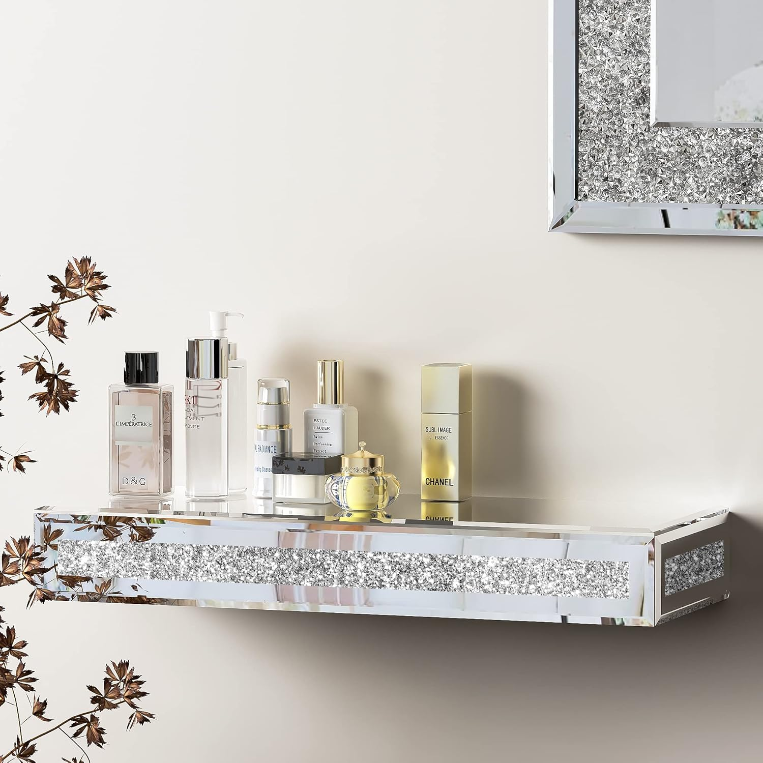 Mirrored Floating For Wall Decor. Glamorous Crystal Crush Diamond Decorative Wall Shelf Silver Mirror Glass Shelf Suitable Room Bedroom Bathroom Living Ro - View #6