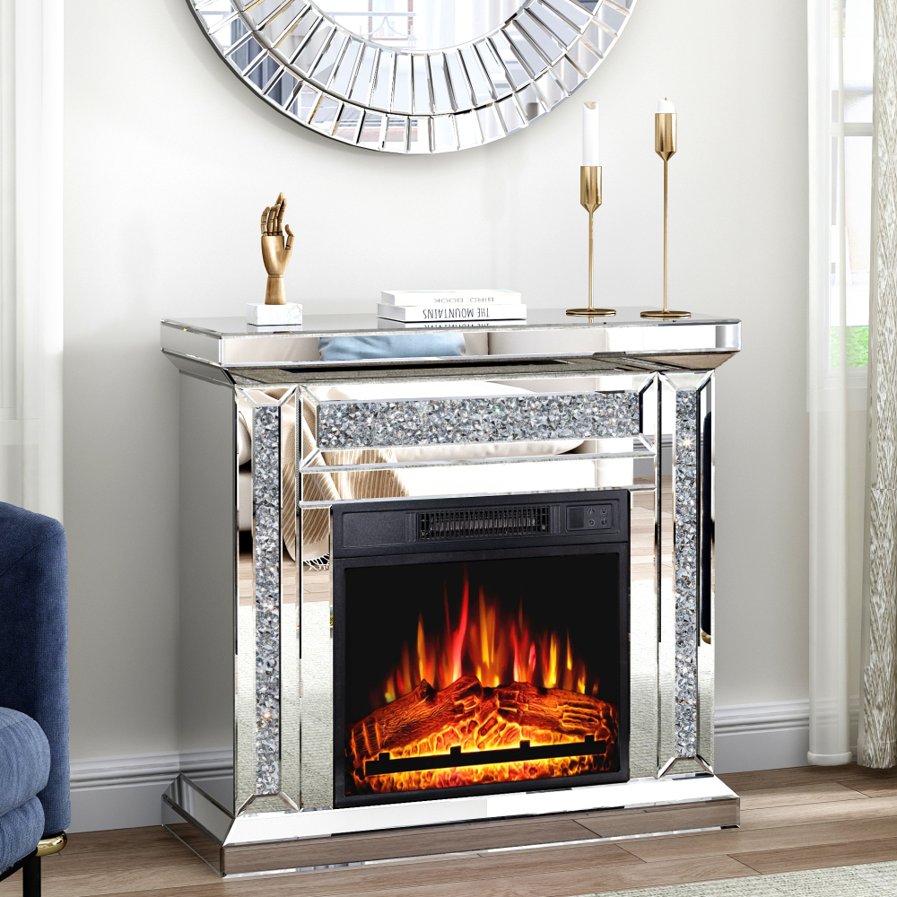 31.5'' W Electric Fireplace with Glass Mantel Surround, Crushed Diamonds inlay