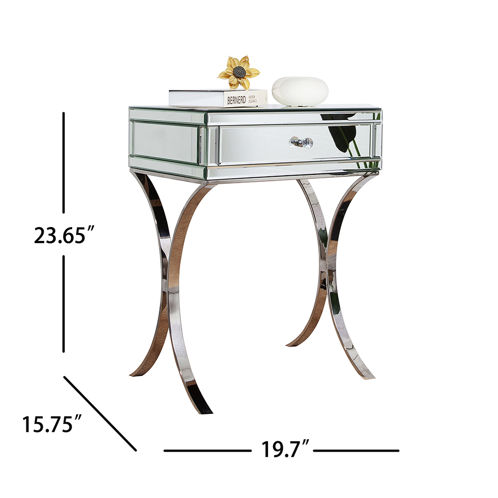 SHYFOY Mirrored Bedside Table with Stainless Steel | Silver Single Drawer Mirrored Night Table | Glass Mirror Nightstand