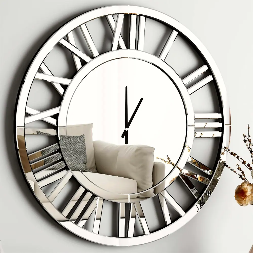 SHYFOY Large Silver Mirrored Wall Clock, Glass Surface Round Roman Numerals Clocks, Mirror Wall Art for Home Decorative 80cm