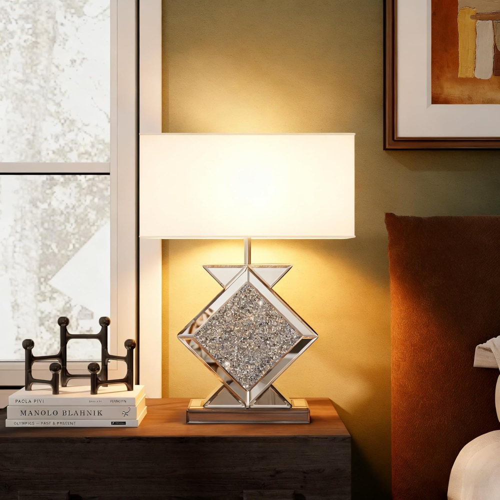 Crystal Crushed Diamond Mirrored Table Lamp, 23.6" Silver Glass Rectangular Shade Modern Glam Lamp for Bedroom, Living Room, Office