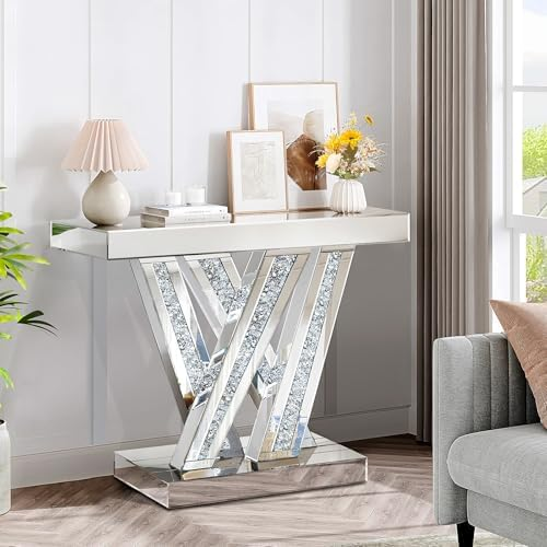 Modern Console Table Mirrored Finished, Glam Style W Silver Entryway Table Inlay with Sparkly Crushed Crystals, 35 inches Contemporary Accent Table