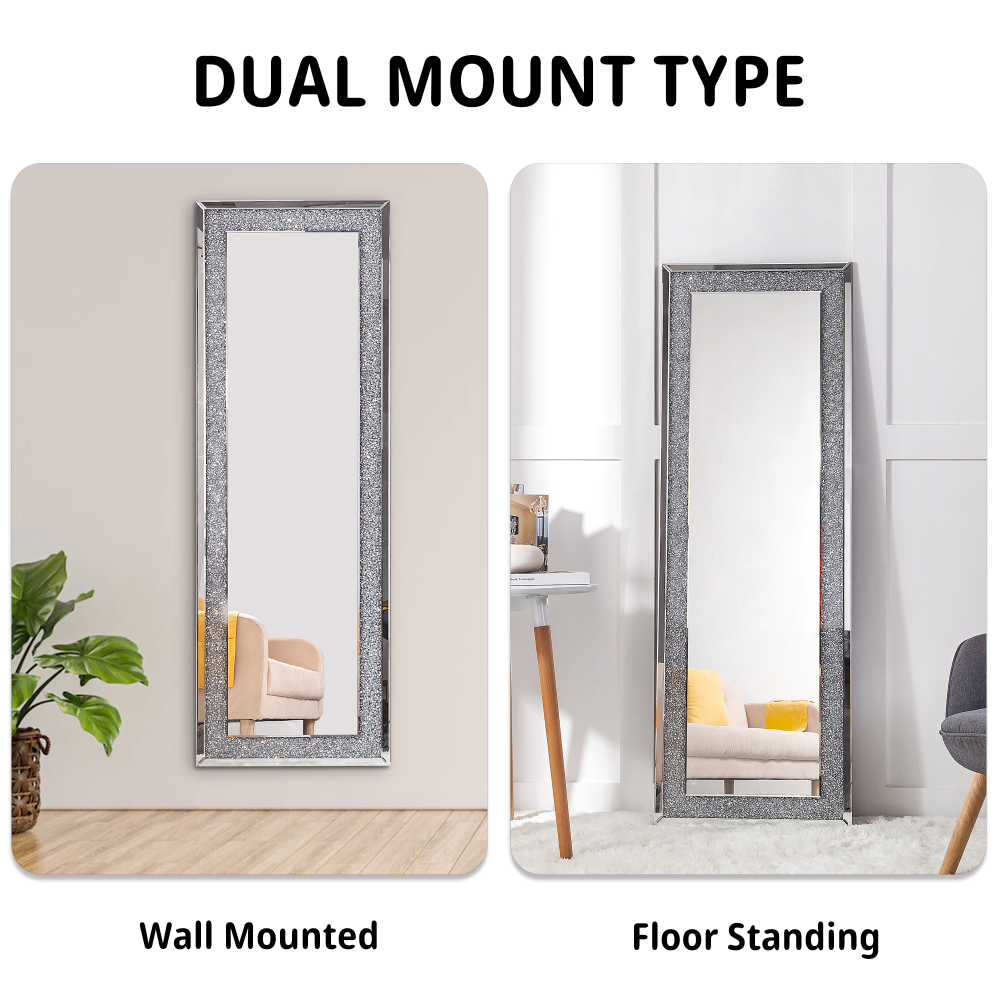 SHYFOY Sparkly Freestanding Long Mirror with Crushed Diamond, Rectangle Full Length Floor Mirror