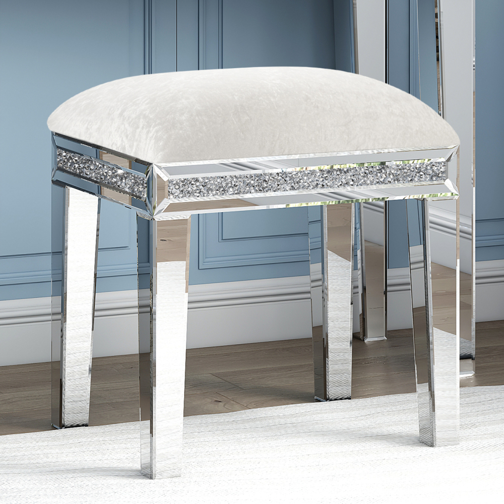 New Arrival Mirror Diamond Vanity Stool with Velvet Upholstered Seat Pink,Blue,Off-white,Light pink