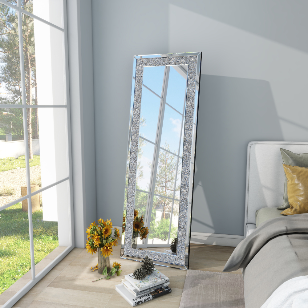 Sparkly Freestanding Long Mirror with Crushed Diamond, Rectangle Full Length Floor Mirror