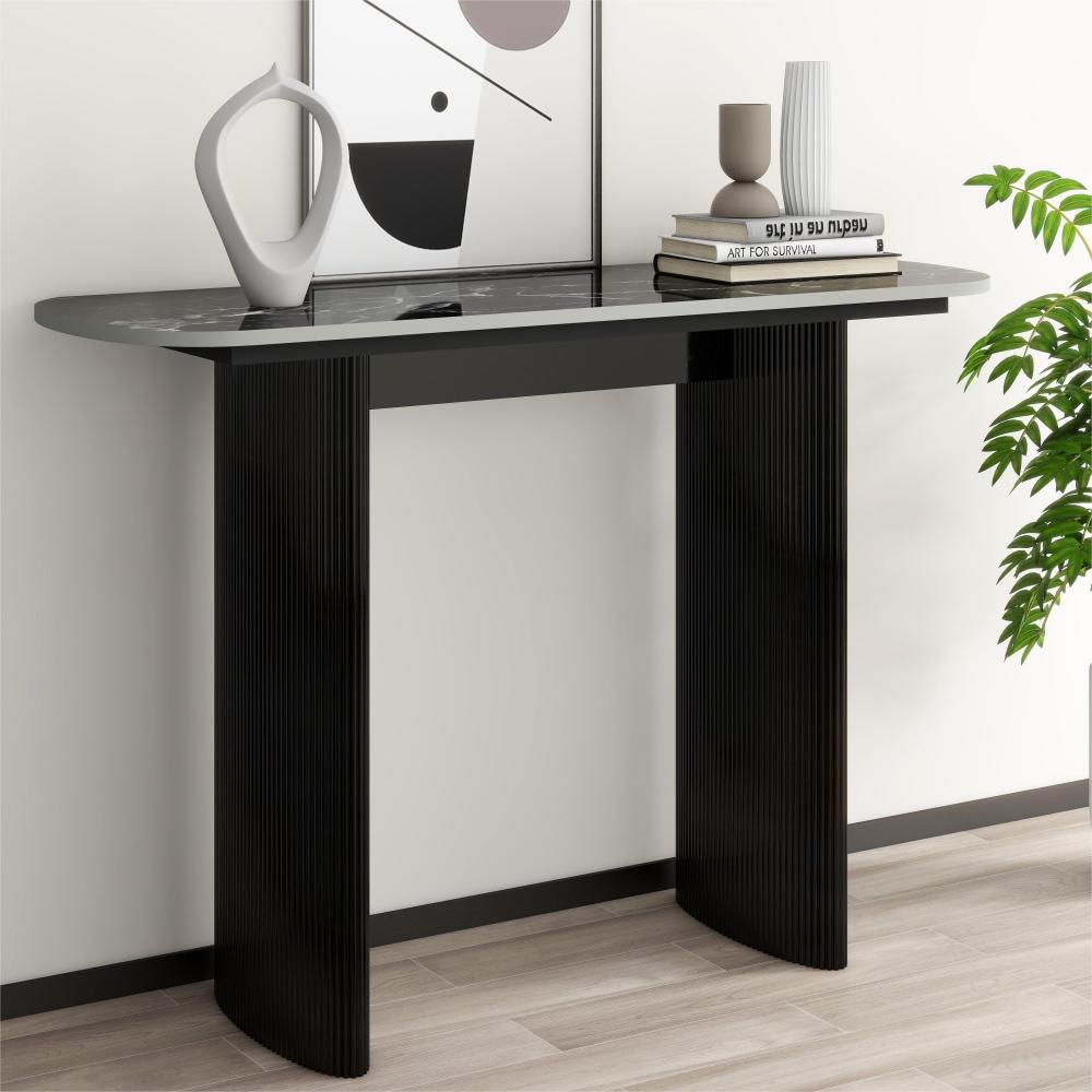 Black Marbled Wood Console Table Entryway Table with Fluted Base