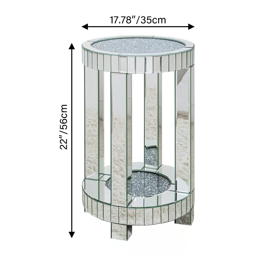 Mirrored End Table Round with Crystals Inlay, 2-Tier Modern Small Sofa Table with Storage