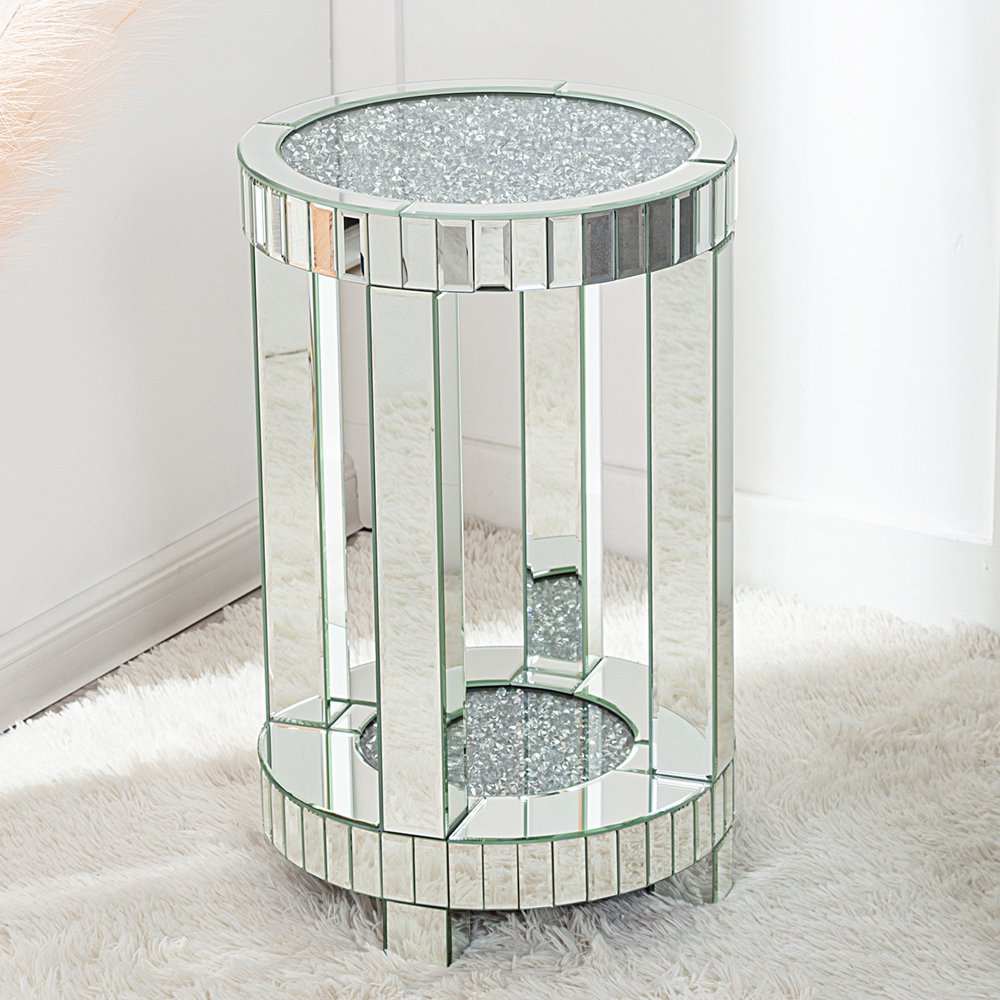Mirrored End Table Round with Crystals Inlay, 2-Tier Modern Small Sofa Table with Storage